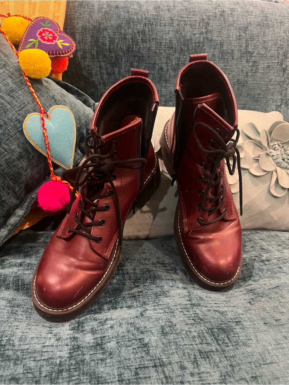 Steve Madden - Cara Burgundy Lace-Up Leather Combat Boots